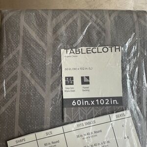 NEW Geometric Tablecloth Wipes Clean Resists Stain Grey Flannel Back 60" X 102"